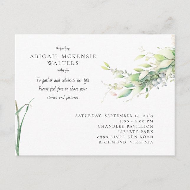 Watercolor Greenery Celebration of Life Vykort (Framsida)