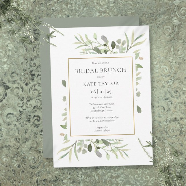 Watercolor Greenery Chic Guld Möhippa Brunch Inbjudningar (Watercolor Greenery Chic Gold Bridal Brunch Invitation)