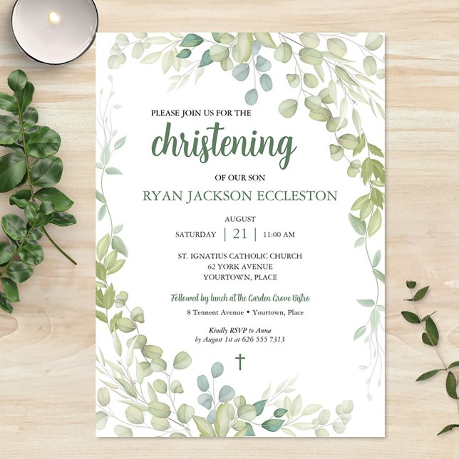 Watercolor Greenery Christening Baby Inbjudningar (Watercolor Greenery Christening Baby Invitation)