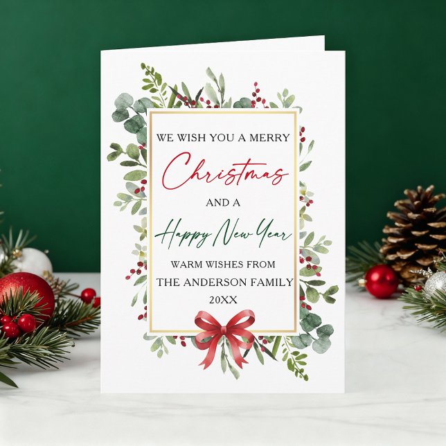 Watercolor Greenery Christmas Red Bow New Year Helgkort (Customize to add text to inside of card.)
