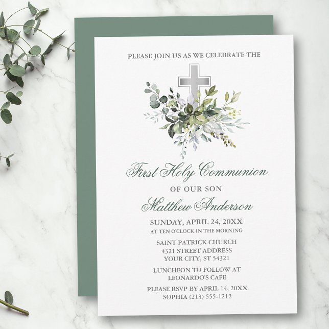 Watercolor Greenery Communion Sage Grönt Silver Inbjudningar (Customize to change text color, size, style or to change color of back of card.)