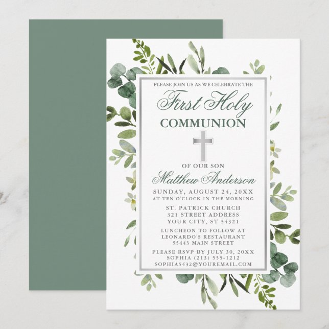 Watercolor Greenery Communion Silver Sage Grönt Inbjudningar (Fram/baksida)
