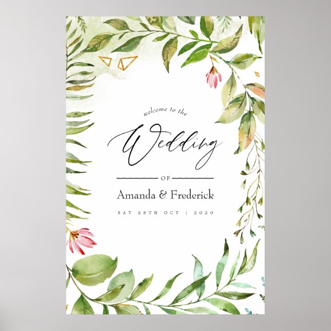 Watercolor Greenery Crystal Bröllop Poster (Framsidan)