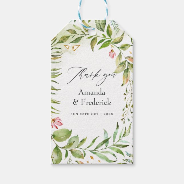 Watercolor Greenery Crystal Bröllop Presentetikett (Framsidan)