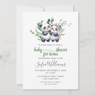 Watercolor Greenery Cute Panda Twillingars Flicka Inbjudningar