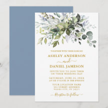 Watercolor Greenery Dusty Blue Bröllop Guld