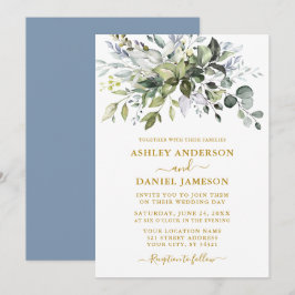 Watercolor Greenery Dusty Blue Bröllop Guld Inbjudningar