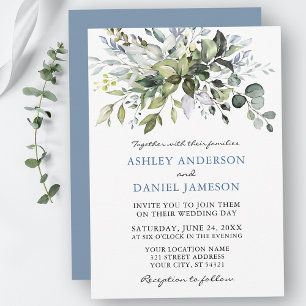 Watercolor Greenery Dusty Blue Bröllop Inbjudningar