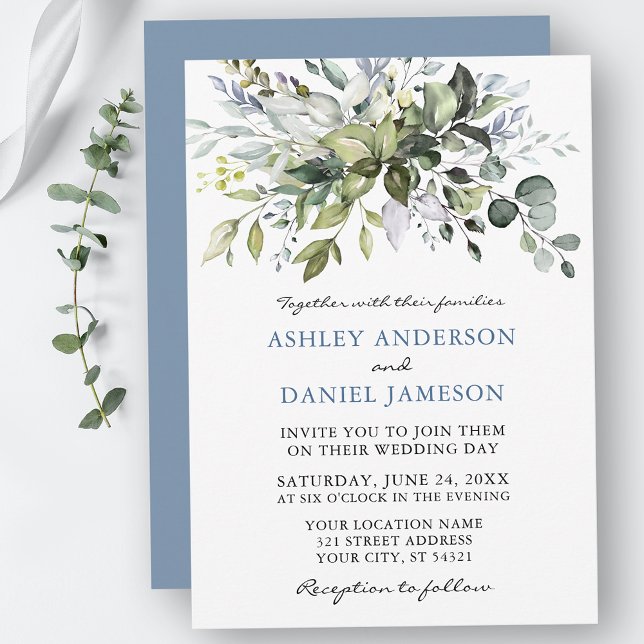 Watercolor Greenery Dusty Blue Bröllop Inbjudningar (Customize to change text color, style, add text & photos to back or change color of back of card.)