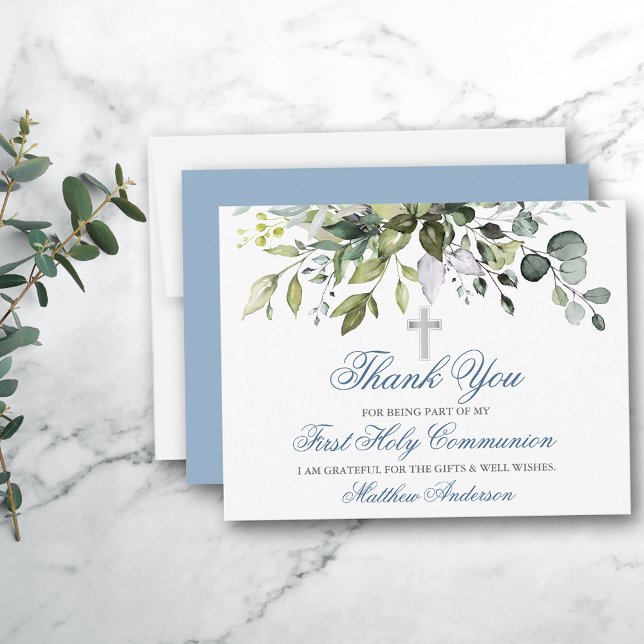 Watercolor Greenery Dusty Blue Communion Tack Kort (Customize to change text color, style, size, add more text to back or change color of back of card.)