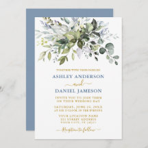 Watercolor Greenery Dusty Blue Guld Bröllop