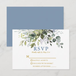 Watercolor Greenery Dusty Blue Guld Bröllop OSA Kort