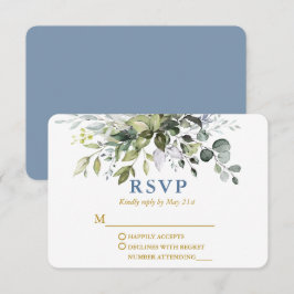 Watercolor Greenery Dusty Blue Guld Bröllop OSA Kort