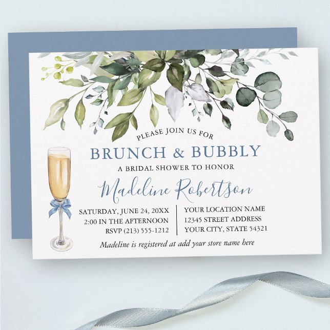 Watercolor Greenery Dusty Blue Möhippa Brunch Inbjudningar (Customize to change text color, text style or color of back of card.)