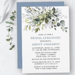Watercolor Greenery Dusty Blue Möhippa Luncheon Inbjudningar