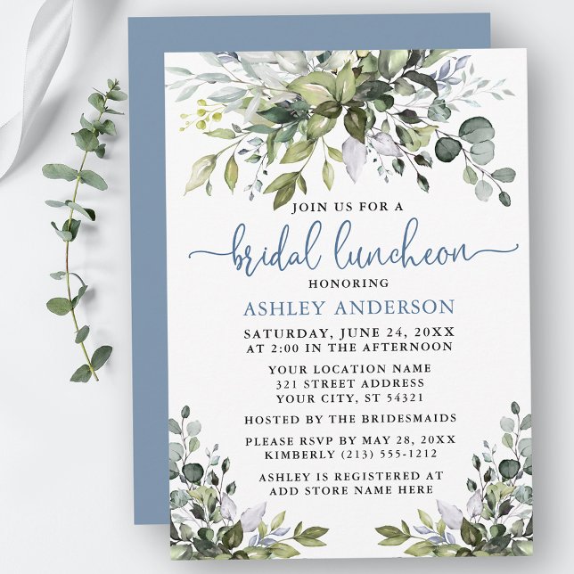 Watercolor Greenery Dusty Blue Möhippa Luncheon Inbjudningar (Customize to change your personalized text color, text style or color of back of card.)