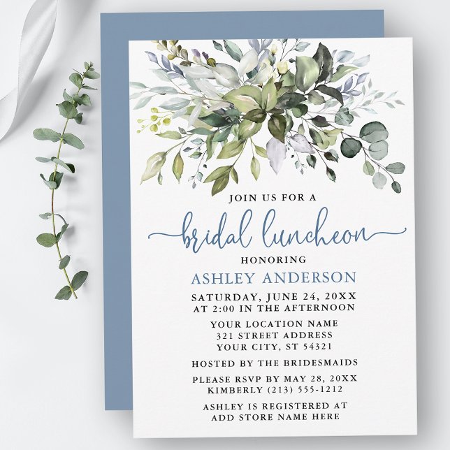 Watercolor Greenery Dusty Blue Möhippa Luncheon Inbjudningar (Customize to change your personalized text color, text style or color of back of card.)