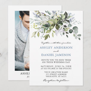 Watercolor Greenery Dusty Blue Photo Bröllop Inbjudningar