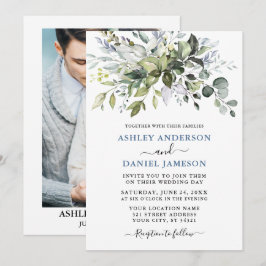 Watercolor Greenery Dusty Blue Photo Bröllop Inbjudningar