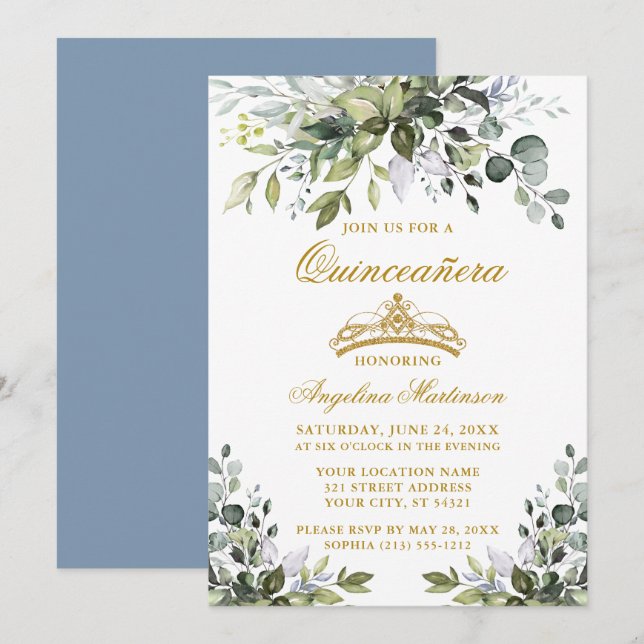 Watercolor Greenery Dusty Blue Quinceañera Guld Inbjudningar (Fram/baksida)