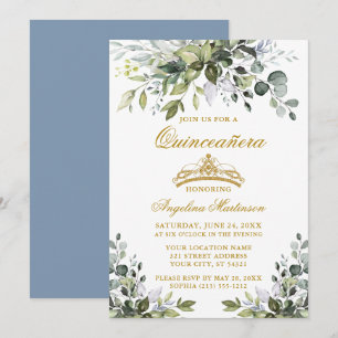 Watercolor Greenery Dusty Blue Quinceañera Guld Inbjudningar