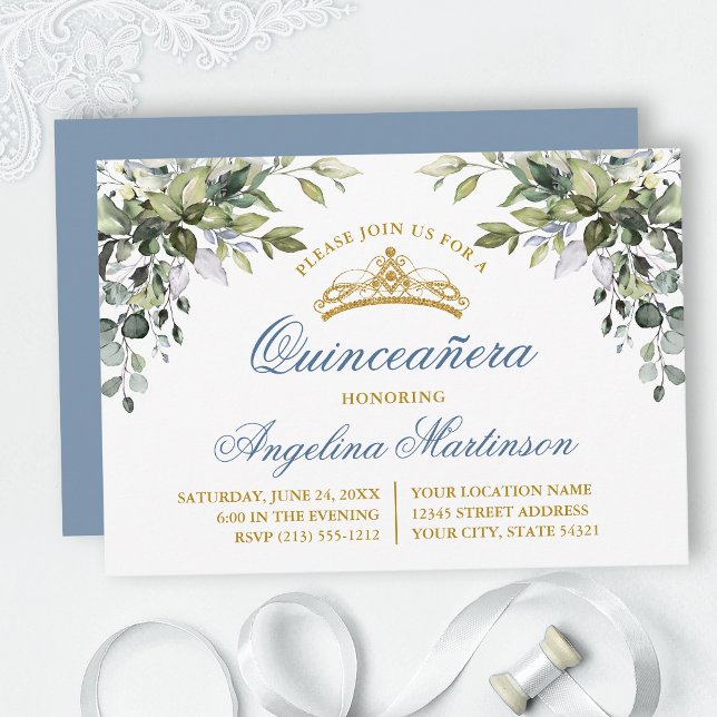 Watercolor Greenery Dusty Blue Quinceanera Party Inbjudningar (Customize to change text color, style, add text & photos to back or change color of back of card.)
