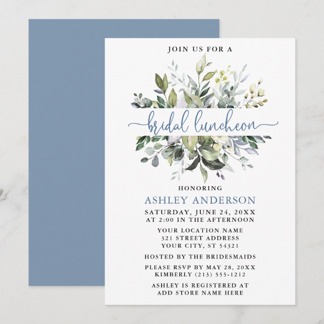 Watercolor Greenery Dusty Blue Script Luncheon Inbjudningar (Fram/baksida)