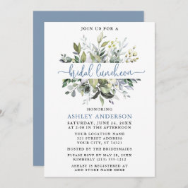 Watercolor Greenery Dusty Blue Script Luncheon Inbjudningar