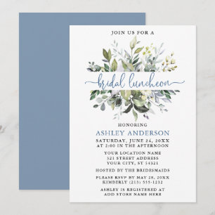 Watercolor Greenery Dusty Blue Script Luncheon Inbjudningar