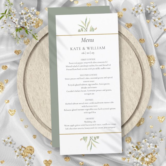 Watercolor Greenery Eucalyptus Bröllop Dinner Menu Meny (Watercolor Greenery Eucalyptus Wedding Dinner Menu)