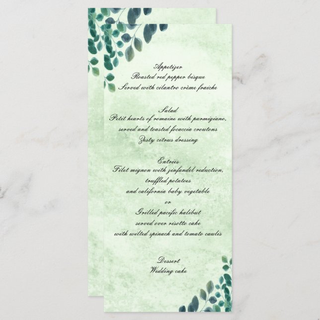 Watercolor Greenery Eucalyptus Löv Bröllop Menu Meny (Fram/baksida)