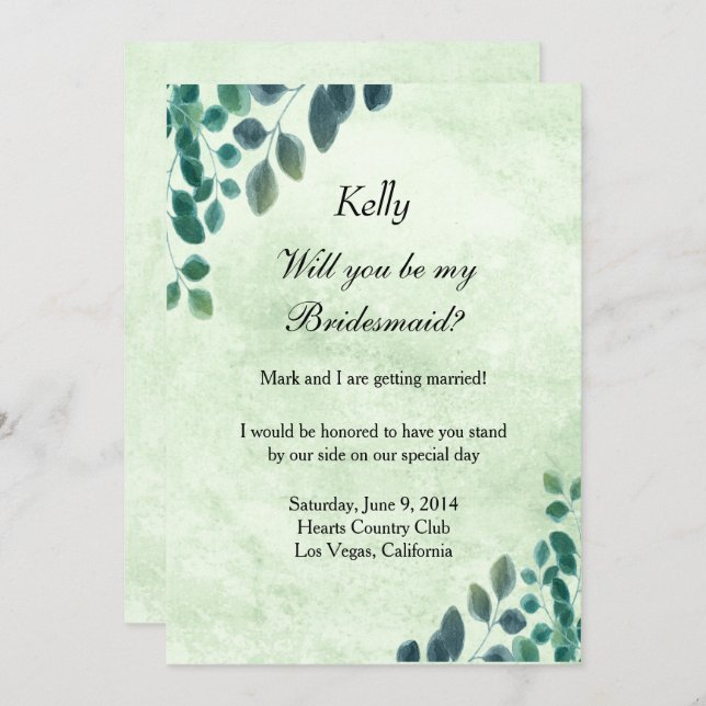 Watercolor Greenery Eucalyptus Lövs Bridesmaid Inbjudningar (Fram/baksida)