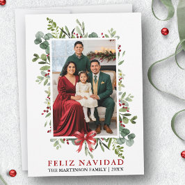 Watercolor Greenery Feliz Navidad Red Bow Julkort
