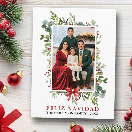 Watercolor Greenery Feliz Navidad Red Bow Vykort
