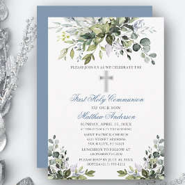 Watercolor Greenery First Communion Dusty Blue Inbjudningar