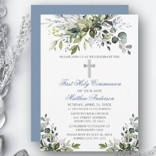 Watercolor Greenery First Communion Dusty Blue Inbjudningar