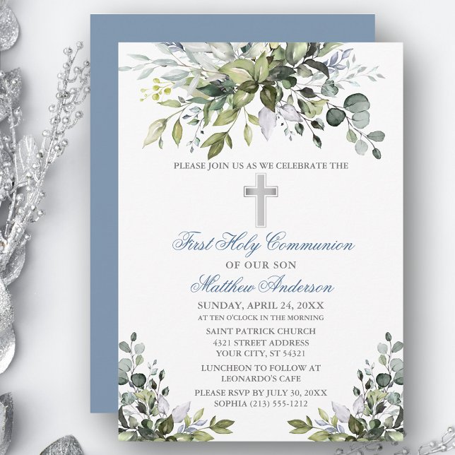 Watercolor Greenery First Communion Dusty Blue Inbjudningar (Customize to change text color, size, style or to change color of back of card.)