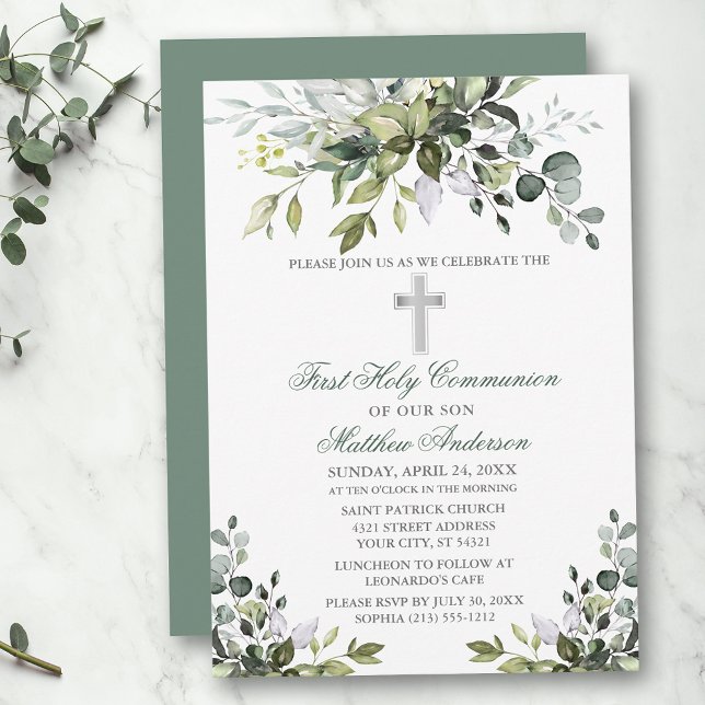 Watercolor Greenery First Communion Sage Grönt Inbjudningar (Customize to change text color, size, style or to change color of back of card.)