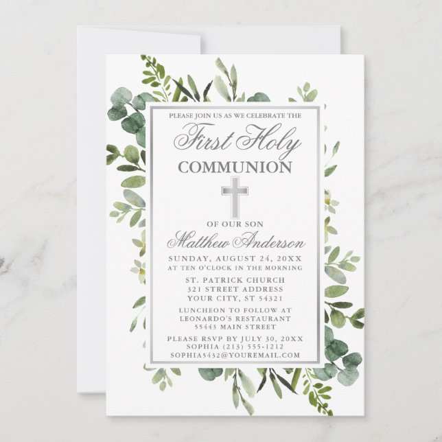 Watercolor Greenery First Communion Silver Inbjudningar (Framsida)