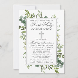 Watercolor Greenery First Communion Silver Inbjudningar