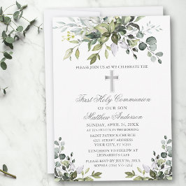 Watercolor Greenery First Communion Silver Inbjudningar