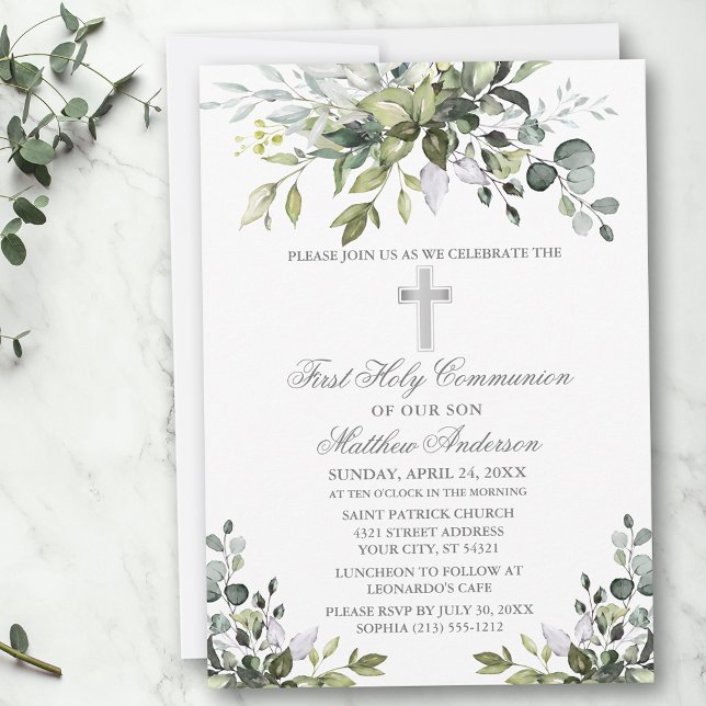 Watercolor Greenery First Communion Silver Inbjudningar (Customize to change text color, size, style or to add photos or more text to back of card.)