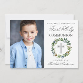 Watercolor Greenery First Communion Silver Photo Inbjudningar