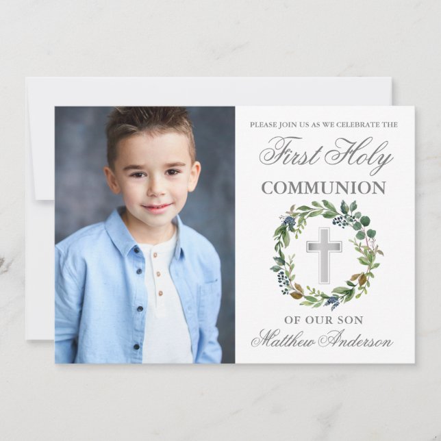 Watercolor Greenery First Communion Silver Photo Inbjudningar (Framsida)