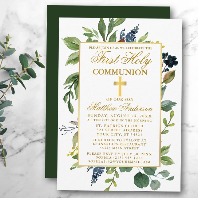 Watercolor Greenery First Heliga Communion Guld Inbjudningar (Customize to change text color,  size, style or to change color of back of card.)