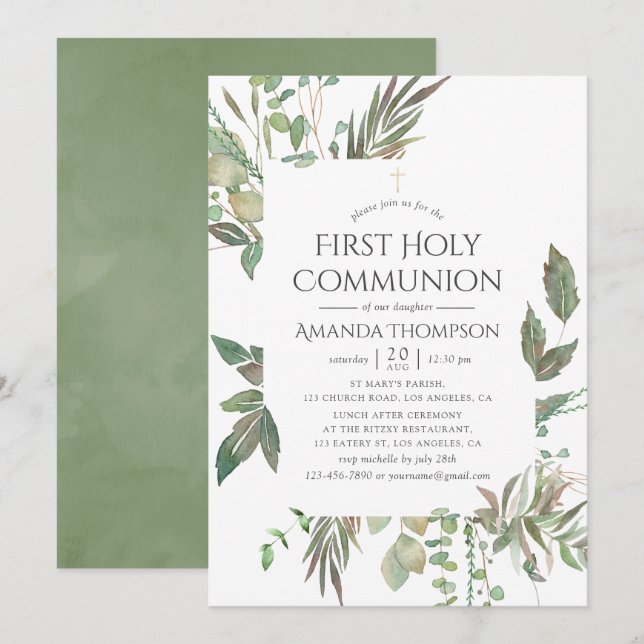 Watercolor Greenery First Heliga Communion Inbjudningar (Fram/baksida)