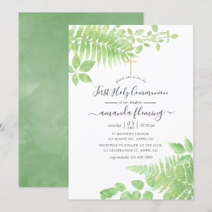 Watercolor Greenery First Heliga Communion Inbjudningar