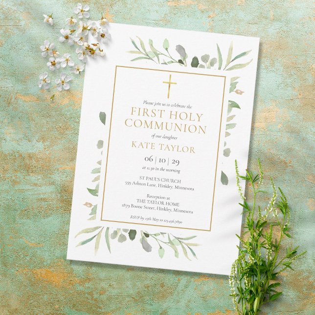 Watercolor Greenery First Heliga Communion Inbjudningar (Skapare uppladdad)