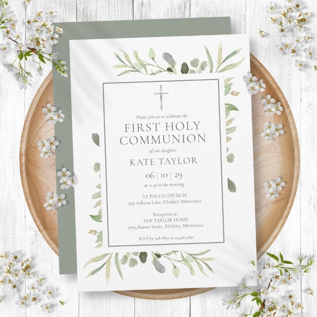 Watercolor Greenery First Heliga Communion Inbjudningar (Watercolor Greenery First Holy Communion Invitation)