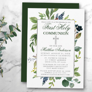 Watercolor Greenery First Heliga Communion Silver Inbjudningar